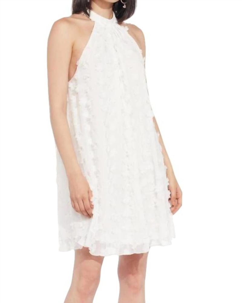 Front of a model wearing a size 12 Halter Swing Mini Dress In White Petal in White Petal by EVA FRANCO. | dia_product_style_image_id:344755